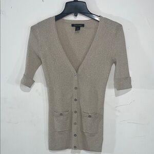 White House Black Market Taupe Gold Glitter Button Up Quarter Sleeve Cardigan